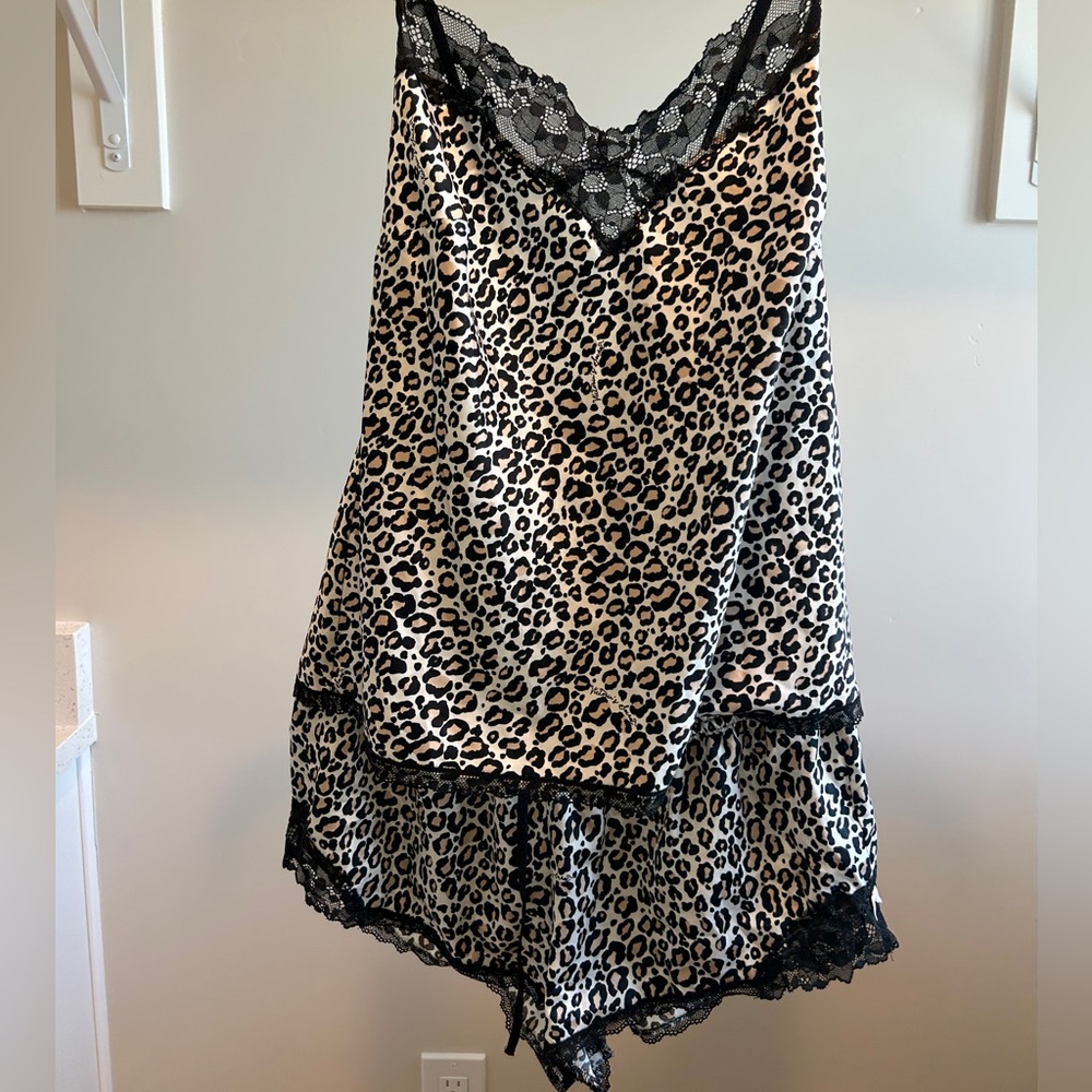 Victoria's Secret Leopard Print Chemise with Black Lace Lingerie Set